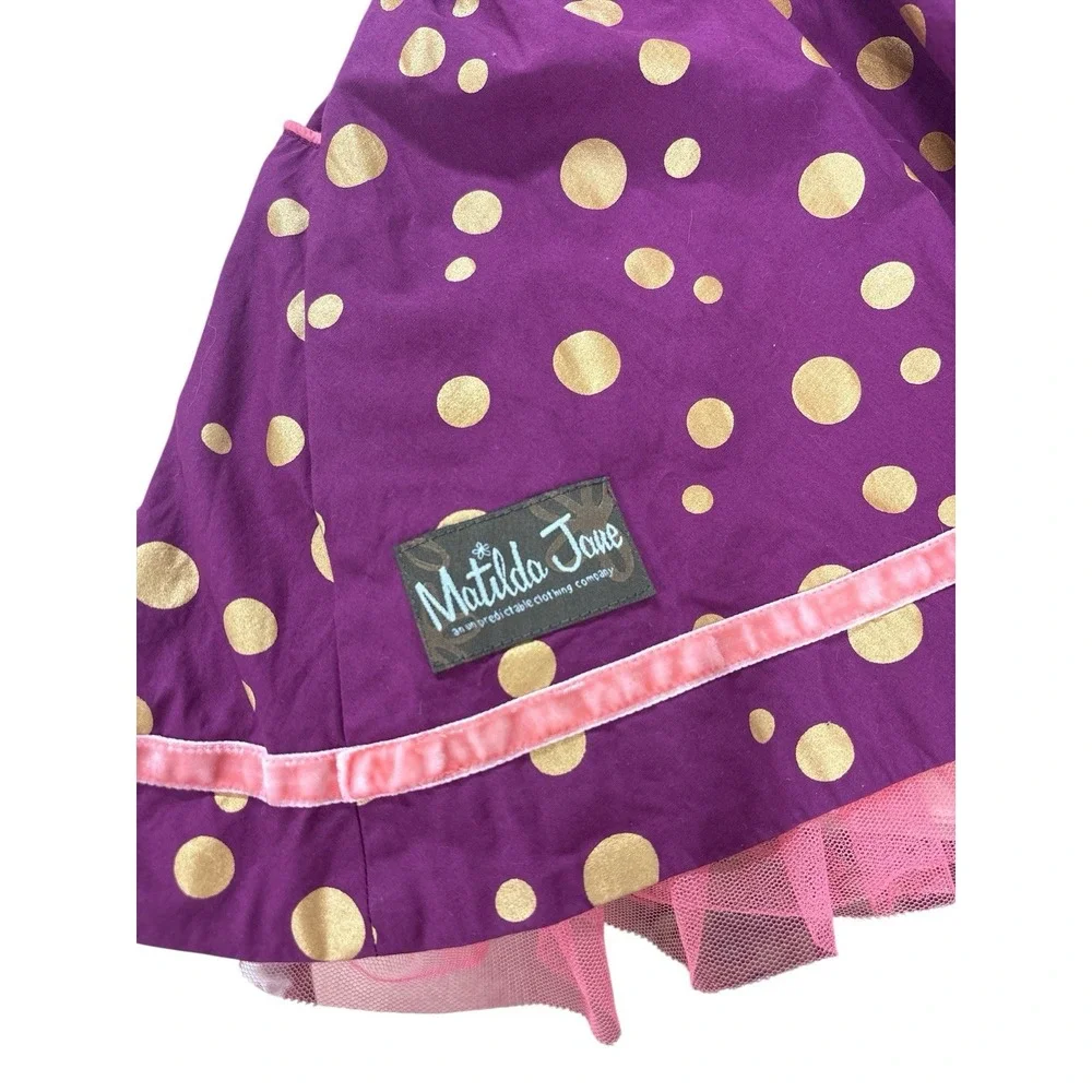 Matilda Jane Plum Gold Polka Dot Plaid Belted Dress With Tulle & Pockets Girls 6